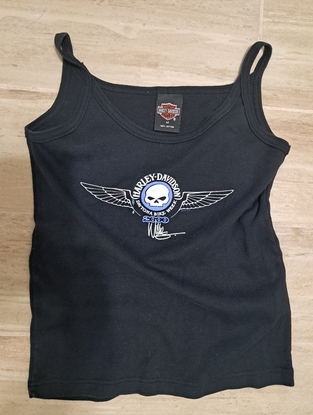 Harley-Davidson Black Tank Top with White and Blue Winged Skull Emblem